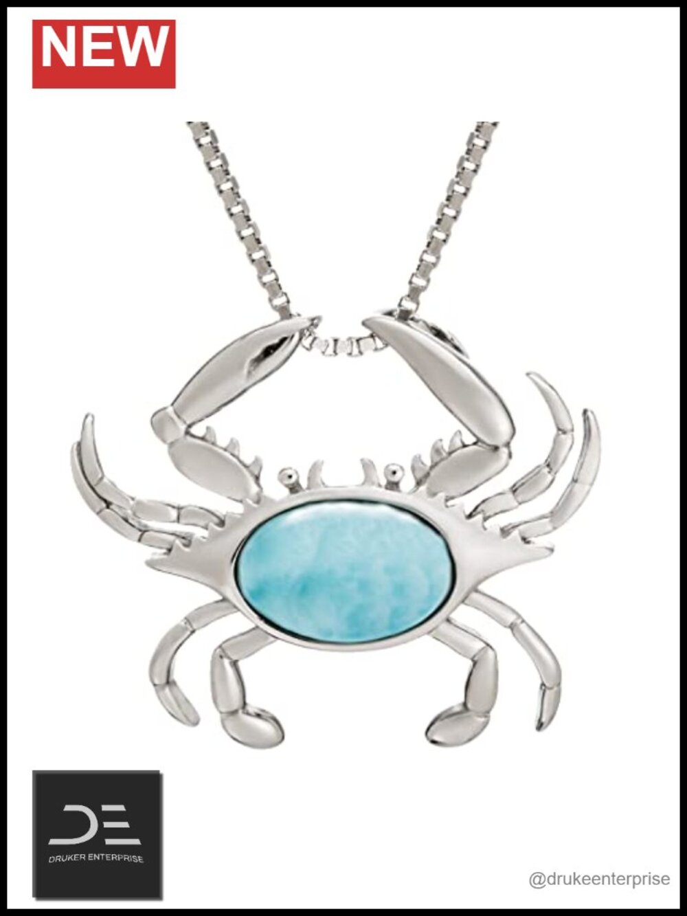 925 Sterling Silver Natural Larimar Crab Pendant Necklace 18" Box Chain